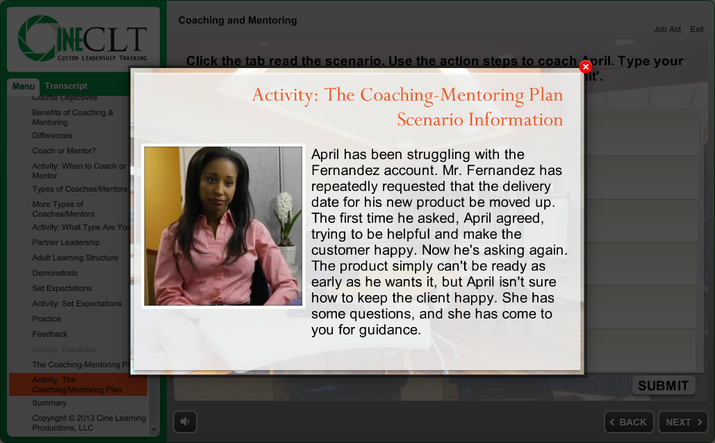 Scenario for the Coaching and Mentoring Plan Activity