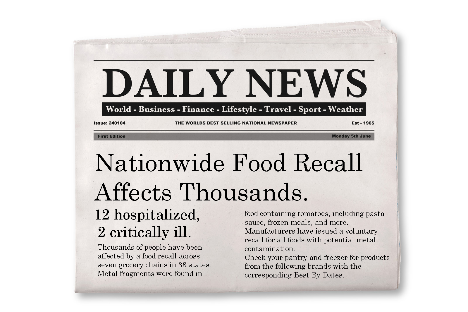 Fictional headline for compliance training: Nationwide Food Recall Affects Thousands