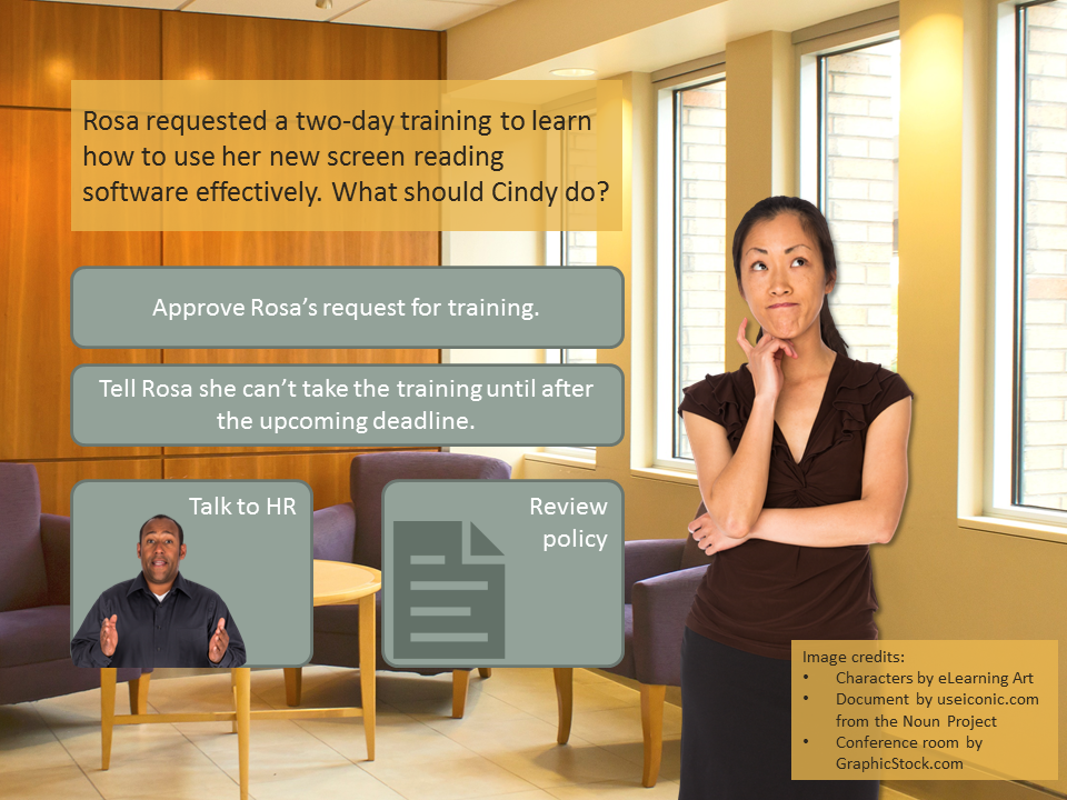 Scenario decision: Rosa requested a two-day training to learn how to use her new screen reading software effectively. What should Cindy do?